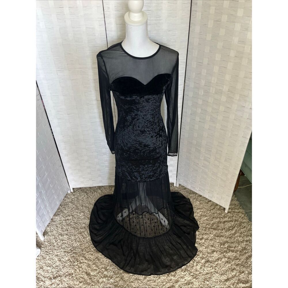 NWT Entro Anthropology Black Sheer Velvet Long Sleeve Maxi Dress Romantic Goth W